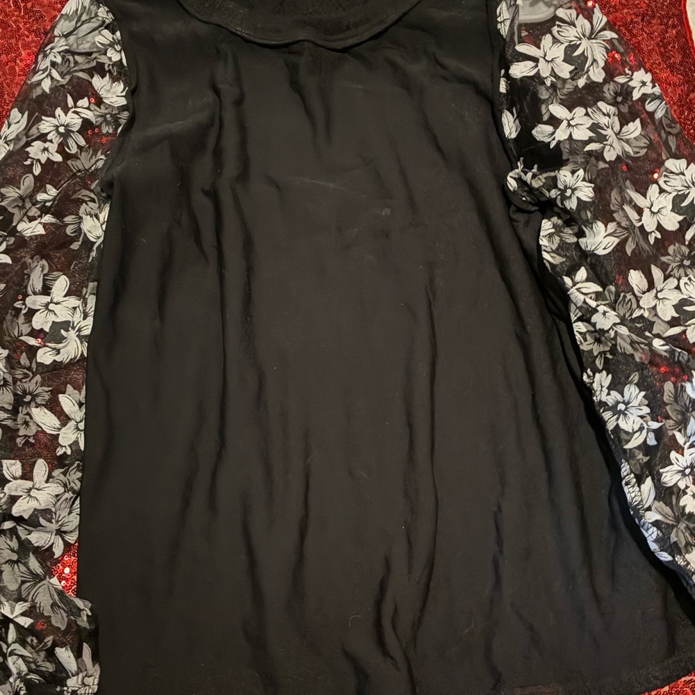 Black Top with Sheer Floral Sleeves